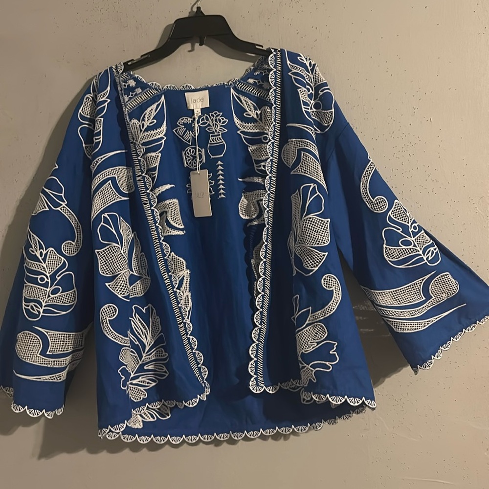 2 piece Jade Johnny Was Jodie Easy Jacket Blue and White Embroidered Set - Picture 4 of 11
